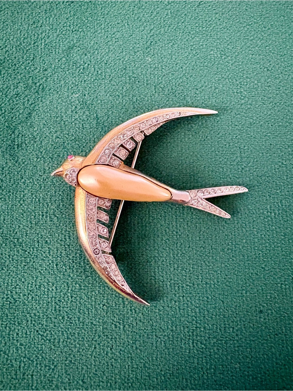 Rare Trifari Vintage Gold Pearl and Rhinestone Swallow Brooch by Alfred Philippe